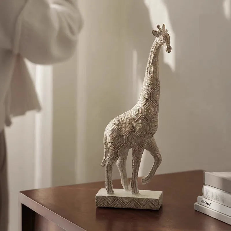 Wood colour synthetic resin giraffe ornament measuring 30.5 cm tall on a shelf.