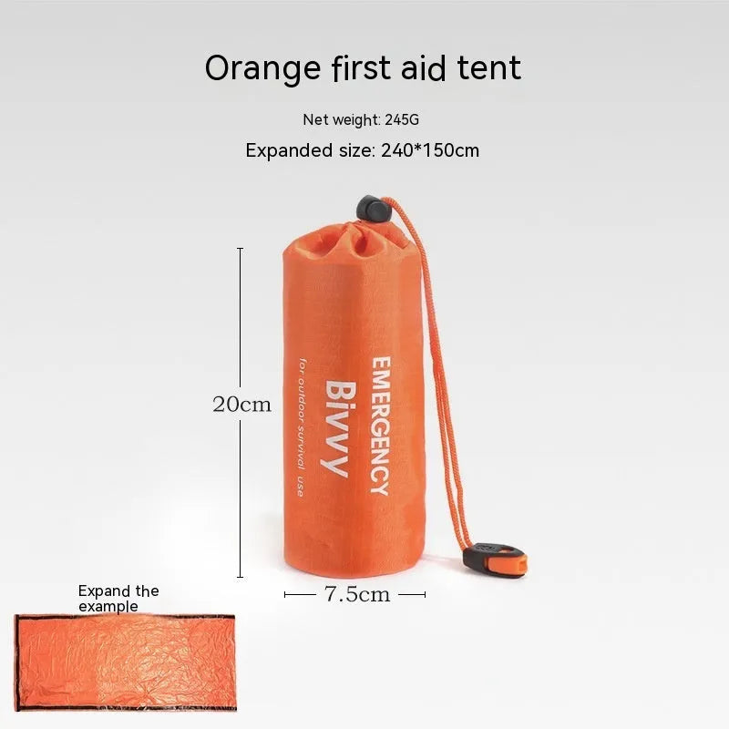 Orange portable disaster relief tent with sleeping bag emergency shelter kit