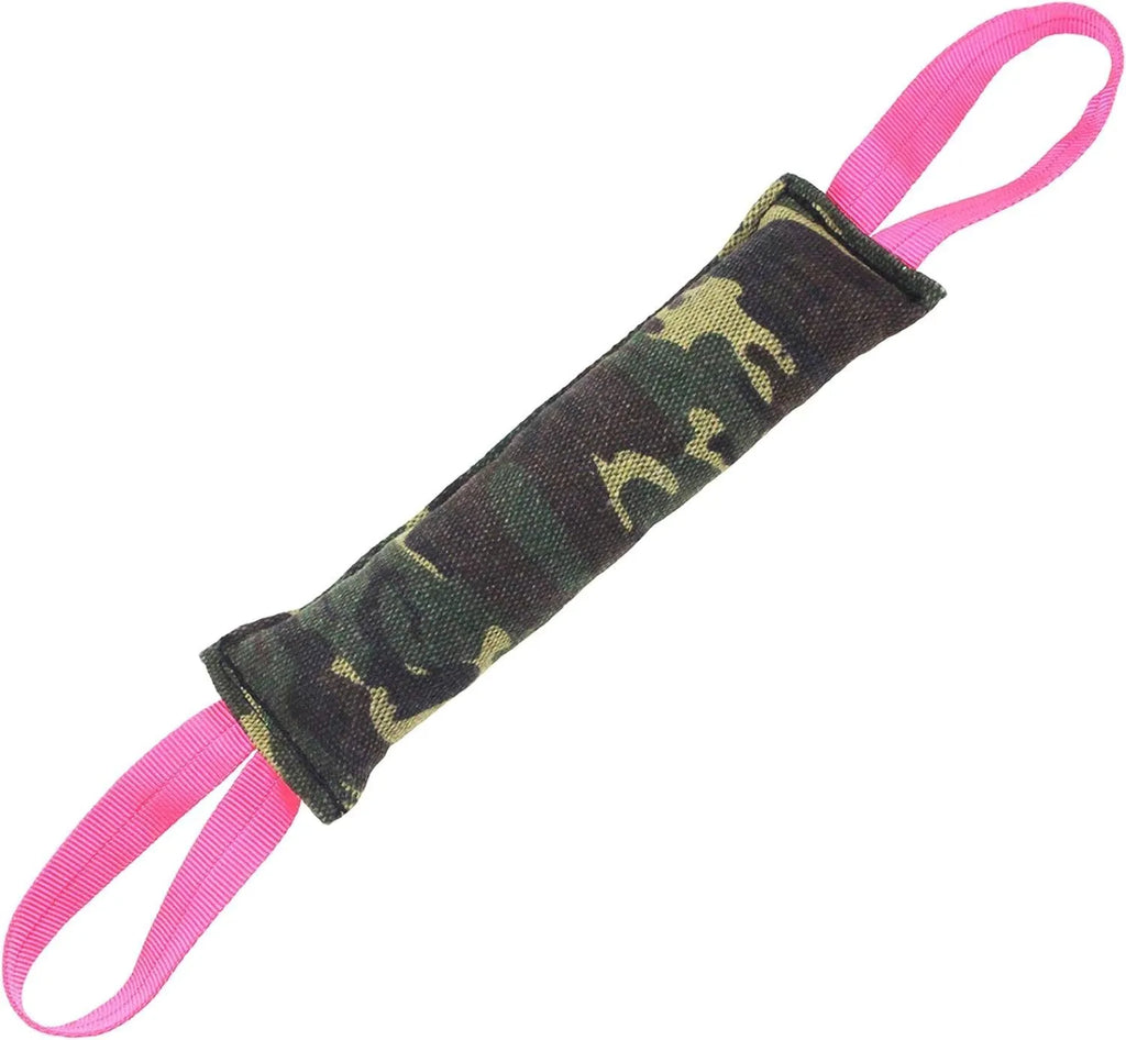 Beige jute dog tug toy with two fabric handles on a wooden floor