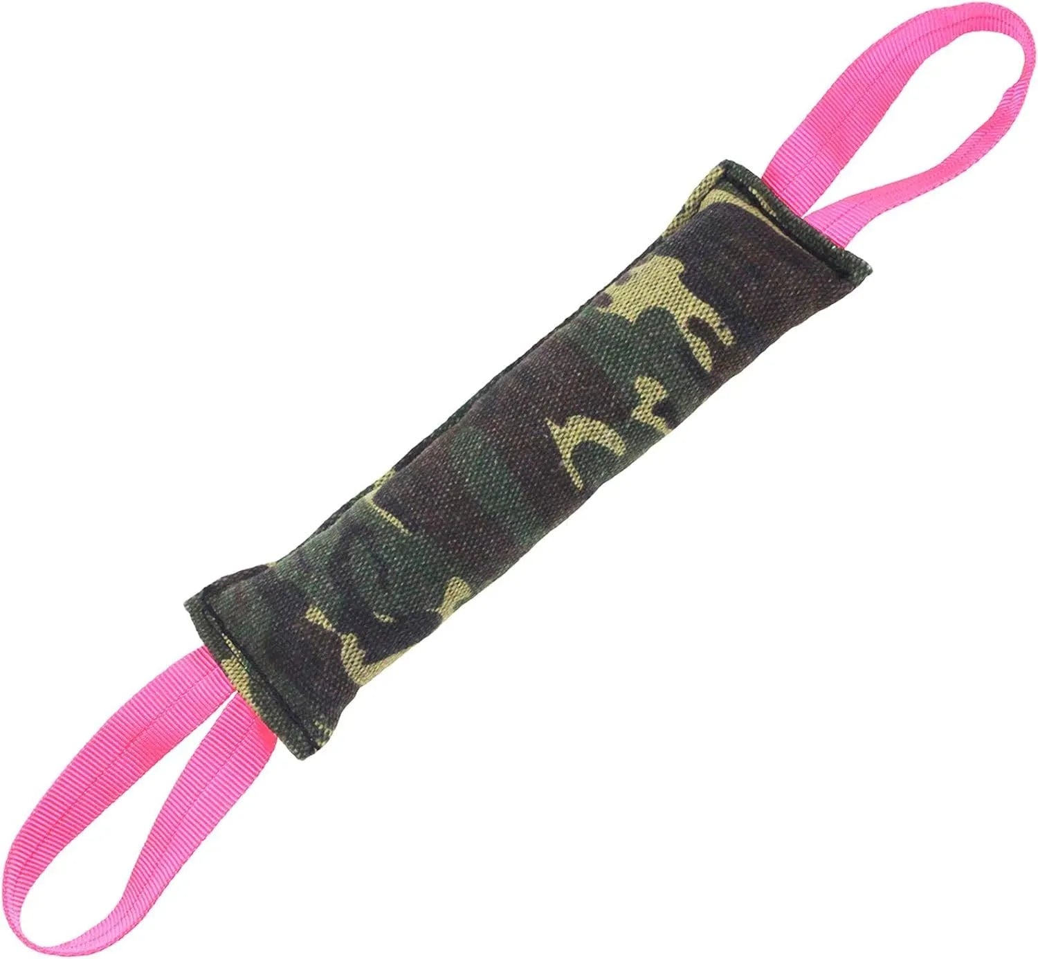 Beige jute dog tug toy with two fabric handles on a wooden floor