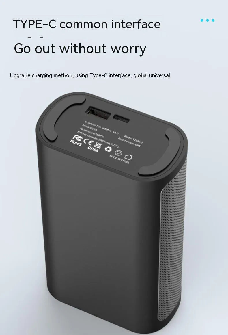 Wireless handheld digital tyre pump with LCD display, black ABS casing, and set of inflation nozzles.
