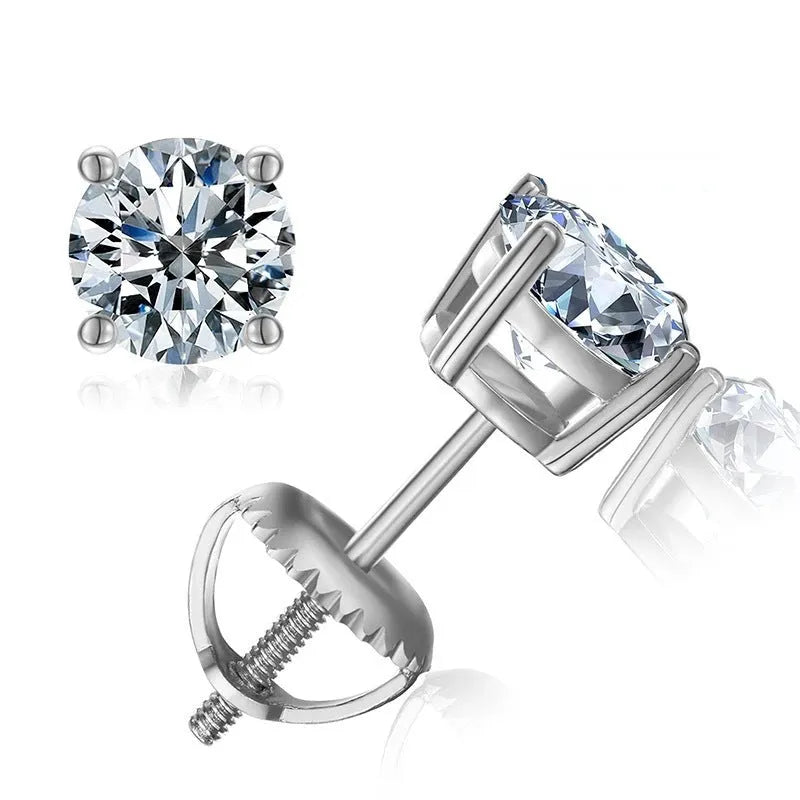 Screw-back moissanite stud earrings in sterling silver with geometric design and four-claw setting