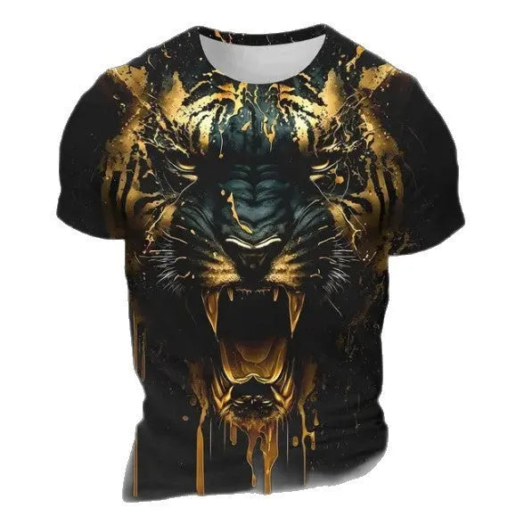 Men's grey T-shirt with a detailed 3D tiger head pattern printed on the front.