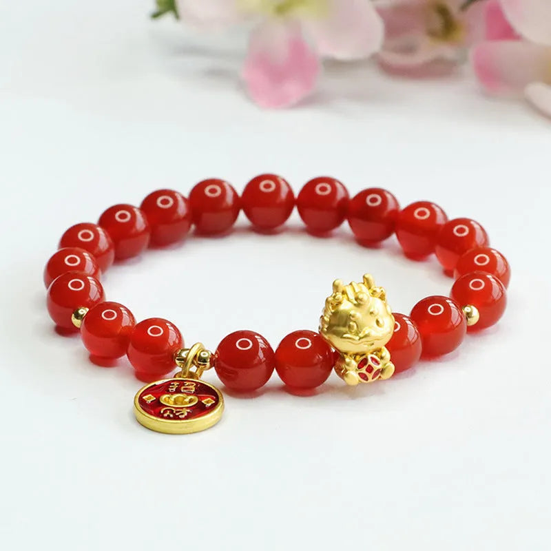 Red agate bead bracelet with Chinese style design for Dragon zodiac sign, showing 8mm bead size.