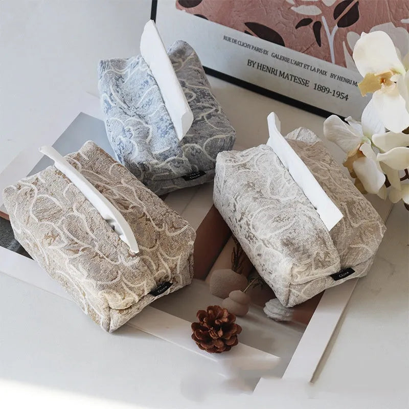 Chinese style pastoral rose cotton tissue box cover in beige, shown on a coffee table.