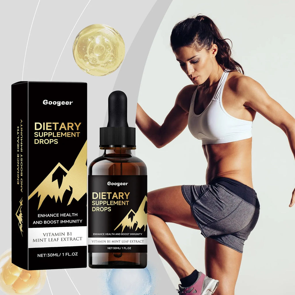 Bottle of clear liquid dietary supplement drops with a black dropper lid for precise dosing.