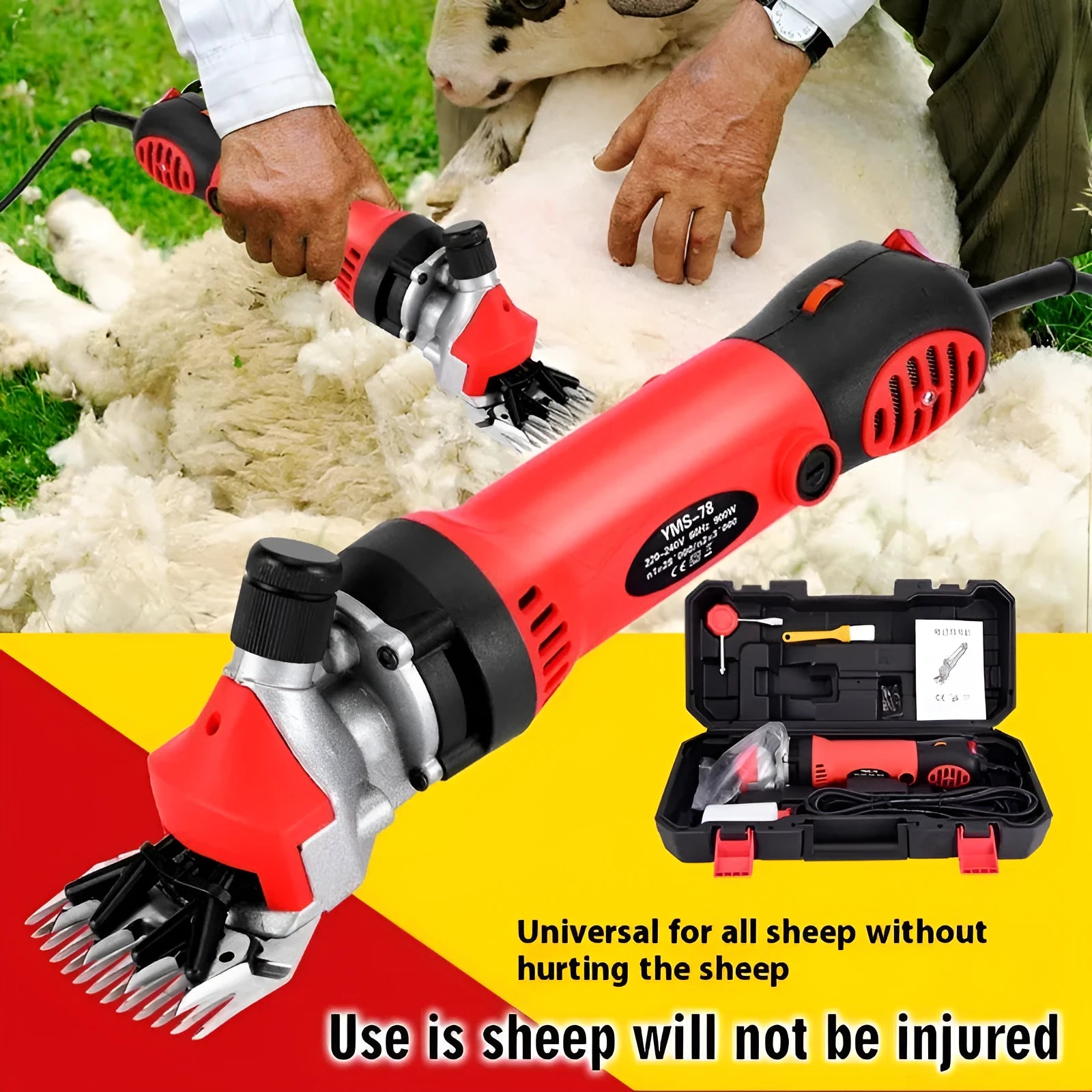 Yellow 110V electric wool shears with 13-tooth straight blade and maintenance accessories including multiple blade pairs