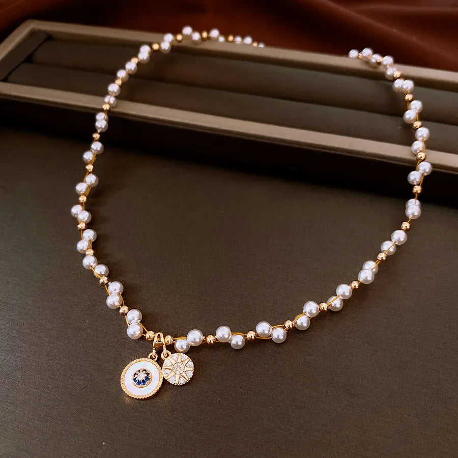 Golden white real gold electroplated necklace with geometric round zircon pearl pendant on adjustable clavicle chain