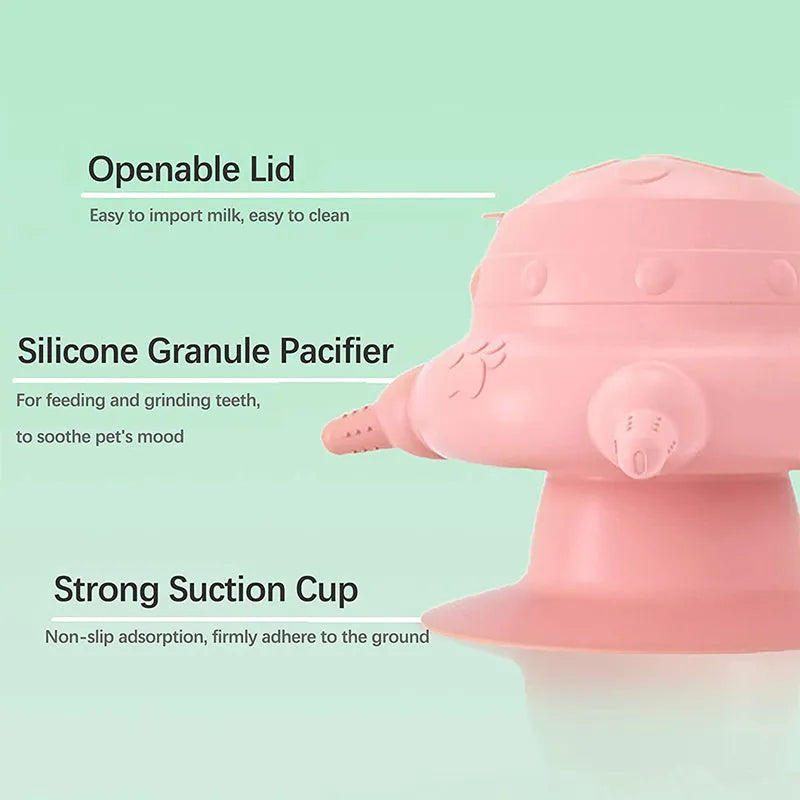 Pink silicone pet nursing device with four milk bowls for puppies and kittens