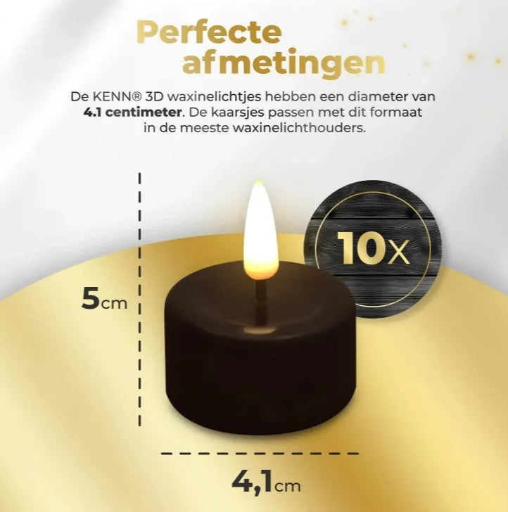 Four black S10 LED tealight candles showing flickering flame effect and dimensions