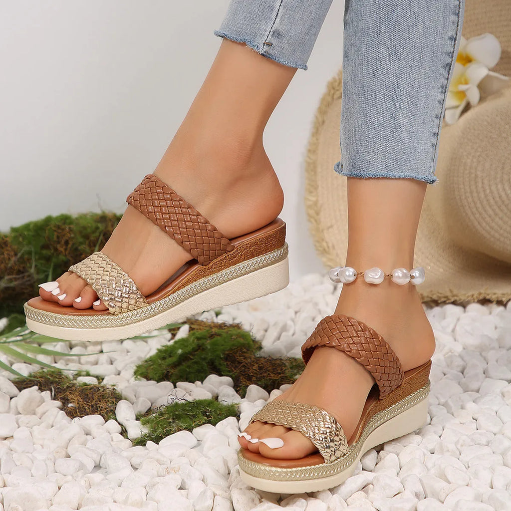 Gold and silver plus-size women's wedge sandals with PU upper and rubber sole.