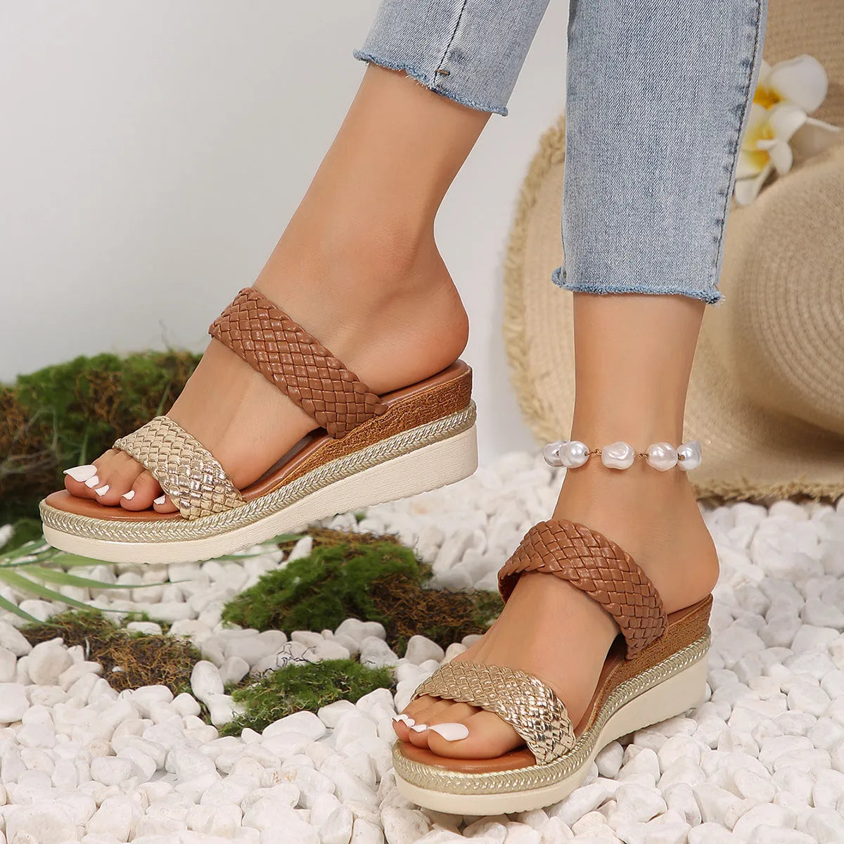 Gold and silver plus-size women's wedge sandals with PU upper and rubber sole.