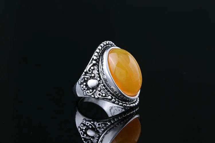 Fluorescent beeswax alloy plating ring in antique silver amber colour with geometric retro design