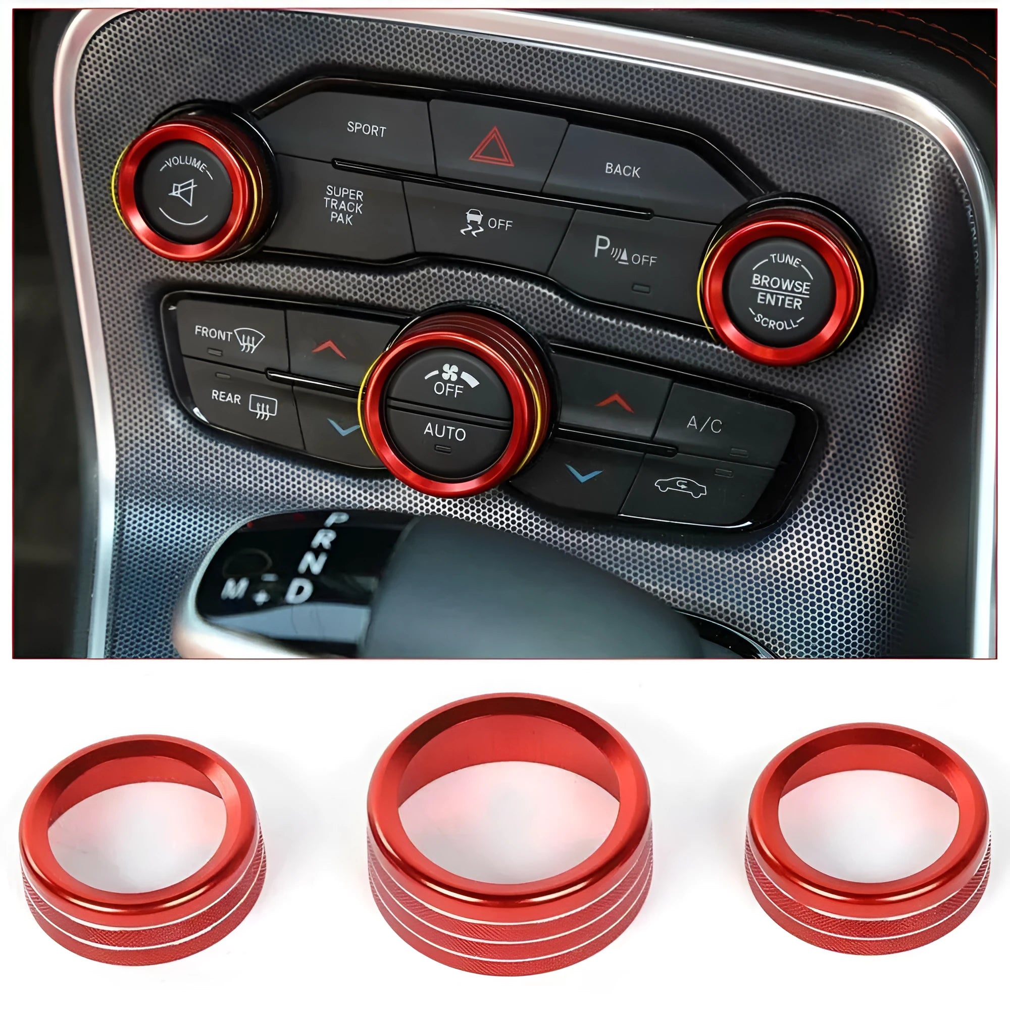 Aluminium alloy air conditioning knob decorative ring for Dodge Challenger and Grand Cherokee interior.