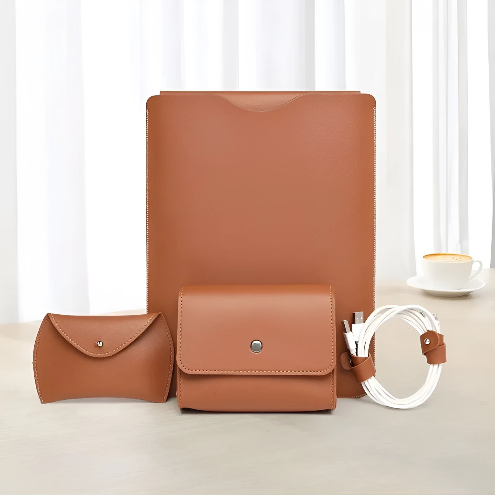 Four imitation leather corner protectors for MacBook Pro in apricot, brown, grey, and light pink colours