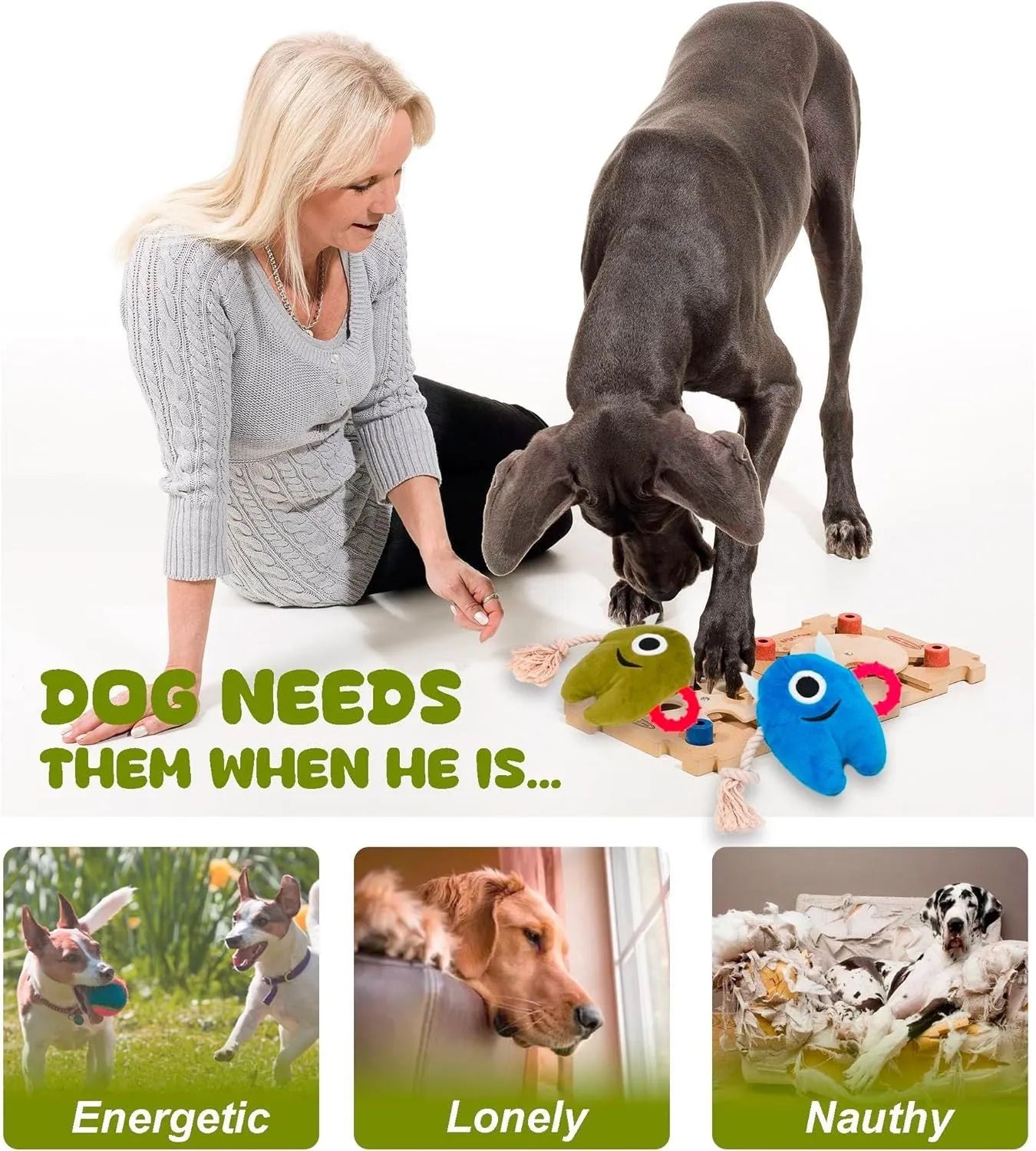 Blue and green monster dog toys with plush bodies and cotton rope limbs.
