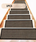Japanese-style linen-look polyester stair mat in camel colour with rubber bottom on wooden stair