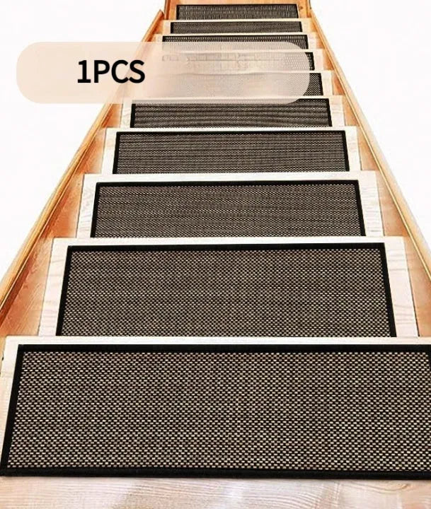 Japanese-style linen-look polyester stair mat in camel colour with rubber bottom on wooden stair