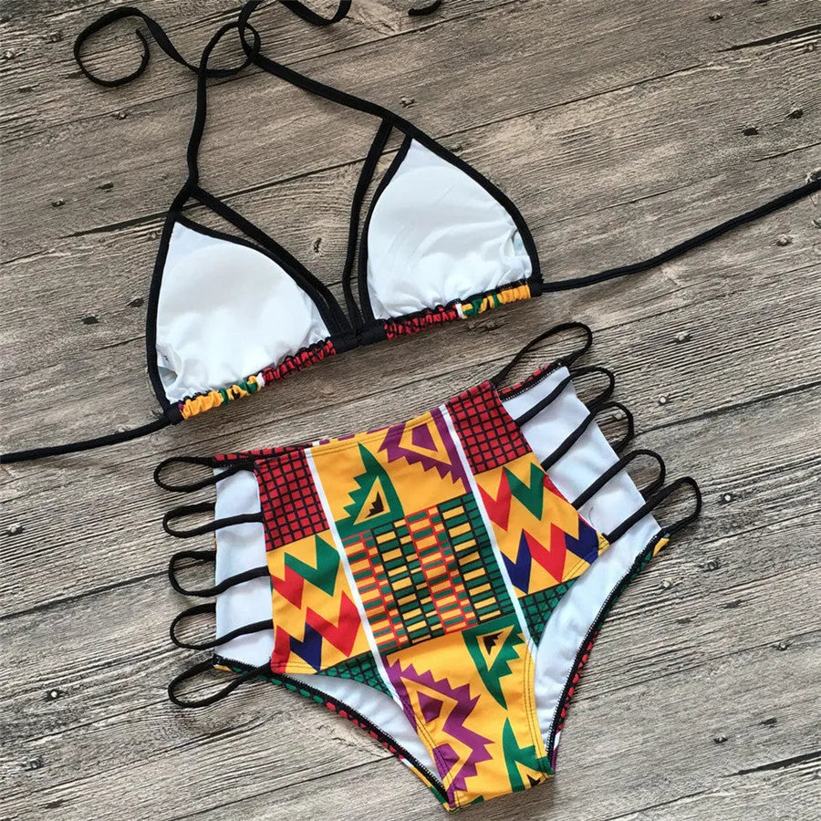 Women's high-waist bikini swimsuit with digital printing and backless design