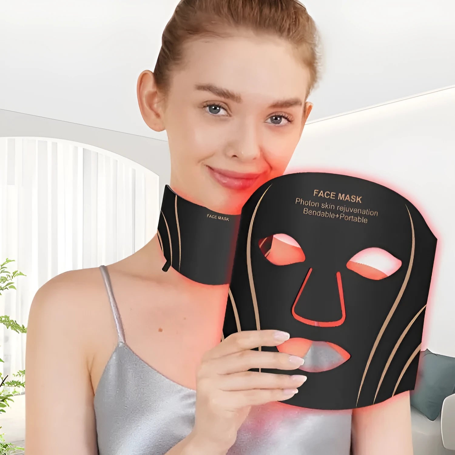 Black gold silicone LED red light facial beauty mask with headband and touch screen controls