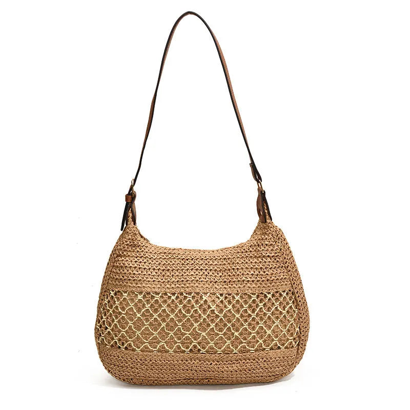 Women's straw cross body bag in khaki colour with sandwich pocket and horizontal square shape