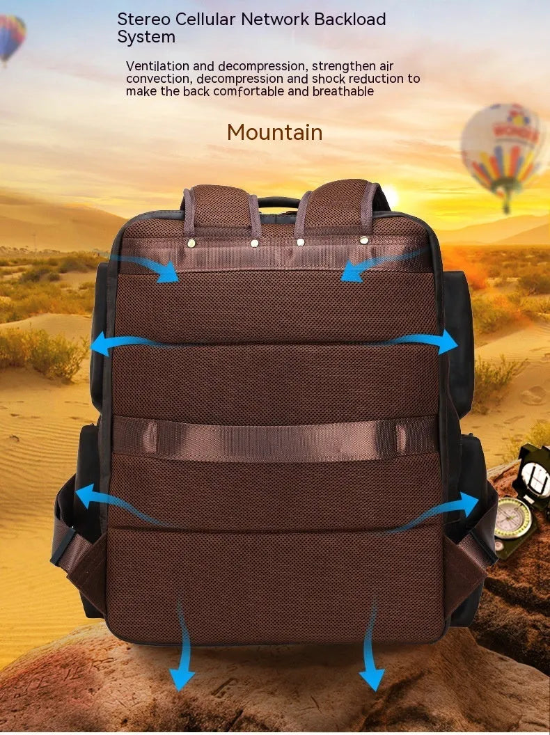 Dark brown retro genuine leather backpack for men, open to show laptop compartment and internal organisers.