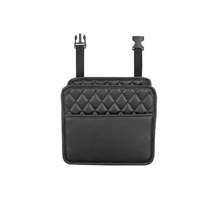 Black leather hanging chair-shaped storage bag for car interior use.