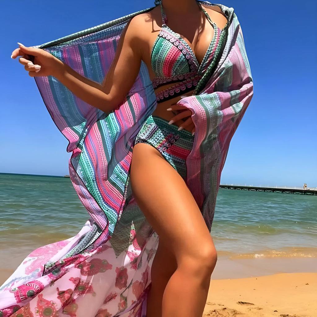 Women's blue cross bandage high waist bikini swimsuit with veils, three-piece set