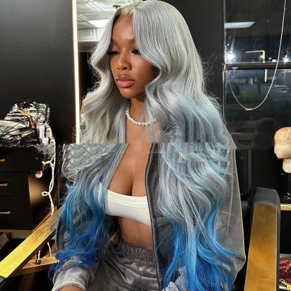 Gradient grey blue human hair lace front wig with 4x4 silk base showing length options