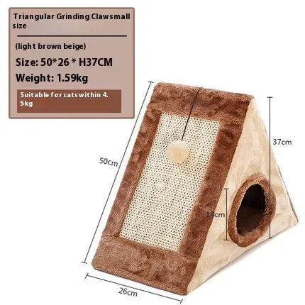 Triangle-shaped cat bed with integrated sisal scratching surface in grey white colour