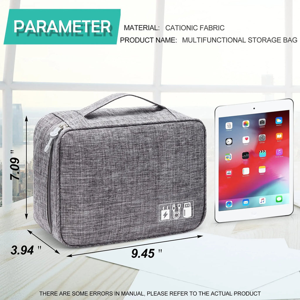 Black waterproof electronics organiser bag open to show removable dividers and mesh pockets for cables.