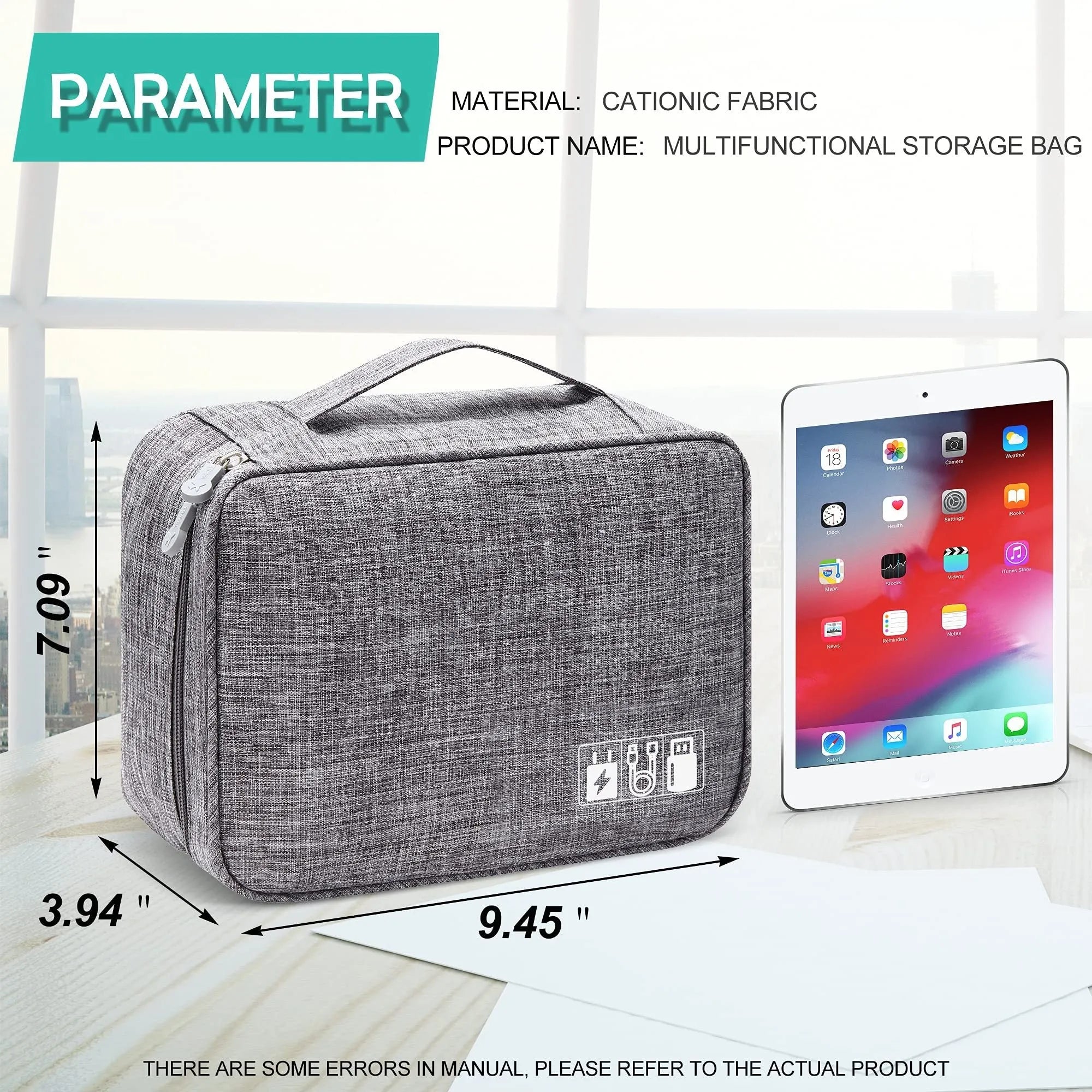Black waterproof electronics organiser bag open to show removable dividers and mesh pockets for cables.