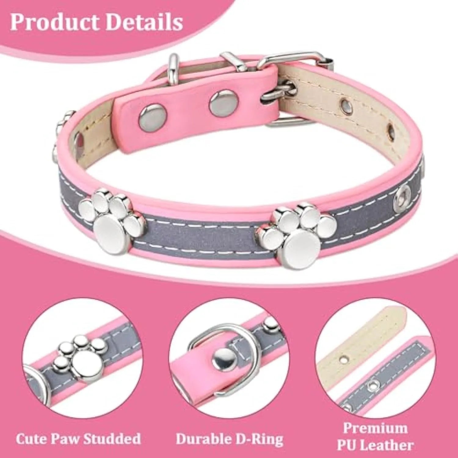 Reflective brown leather dog collar with metal buckle and decorative paw-shaped rivet, shown on a size chart.