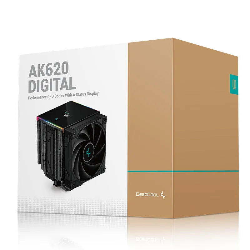 Black twin tower CPU air cooler heatsink with digital display and copper aluminium construction