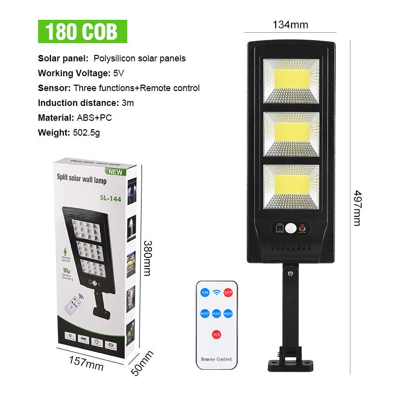 Solar-powered remote control street light with LED illumination for outdoor wall mounting