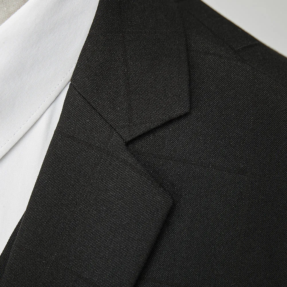 Men's navy blue plaid slim fit three-piece suit with vest, jacket, and trousers on a hanger.