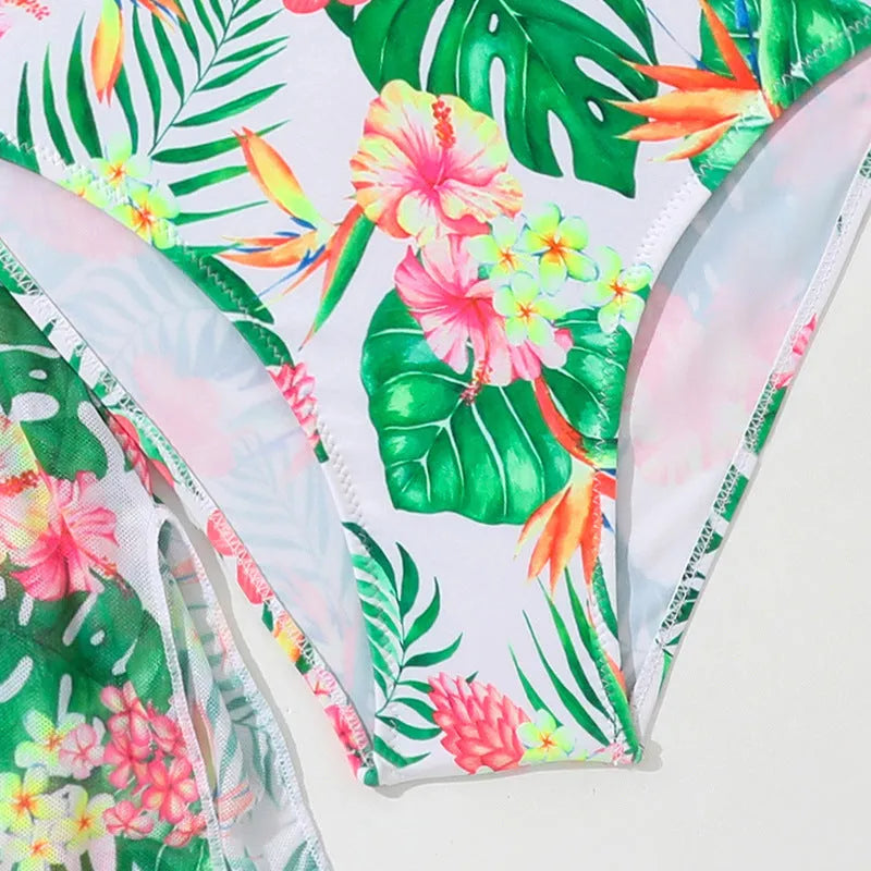Girls' two-piece floral swimsuit in high elasticity polyester fabric showing front view