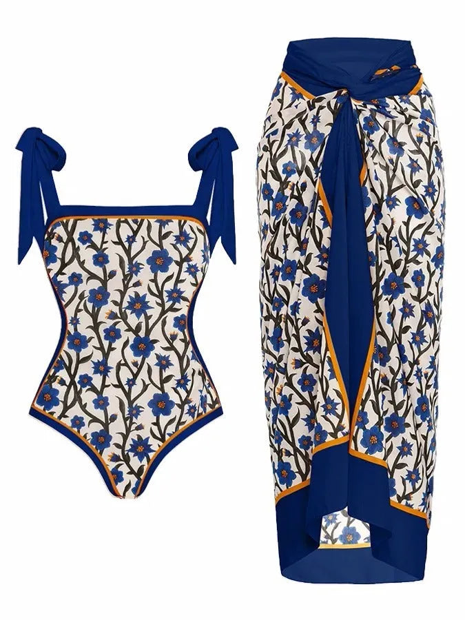 Women's printed two-piece chiffon swimsuit with hip skirt in floral pattern for swimming.