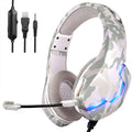 Wired gaming headset with camouflage blue cloth earmuffs and braided cable
