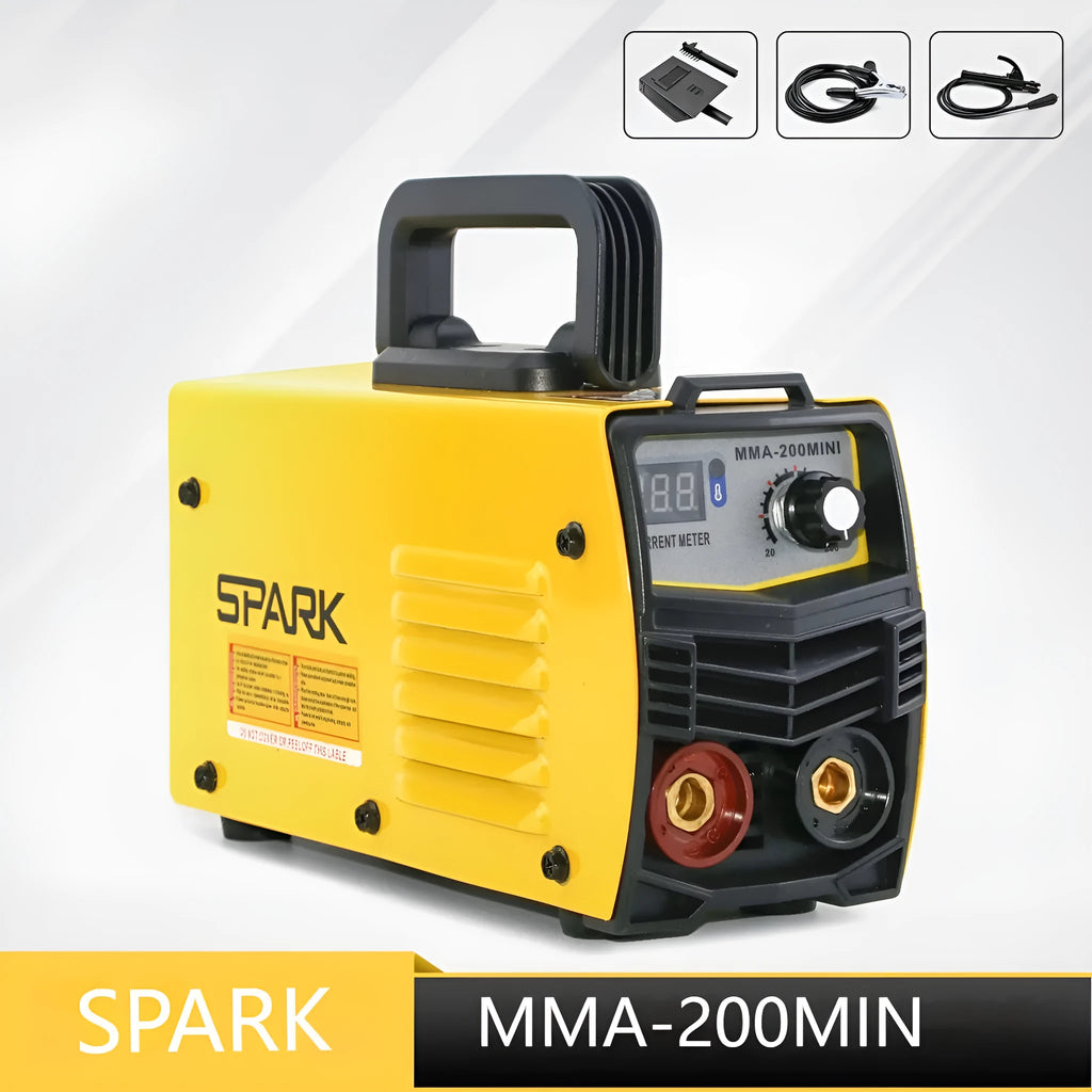 MMA-200MIN 220V inverter DC welding machine with welding tongs, grounding clamp, face shield, and brush hanger
