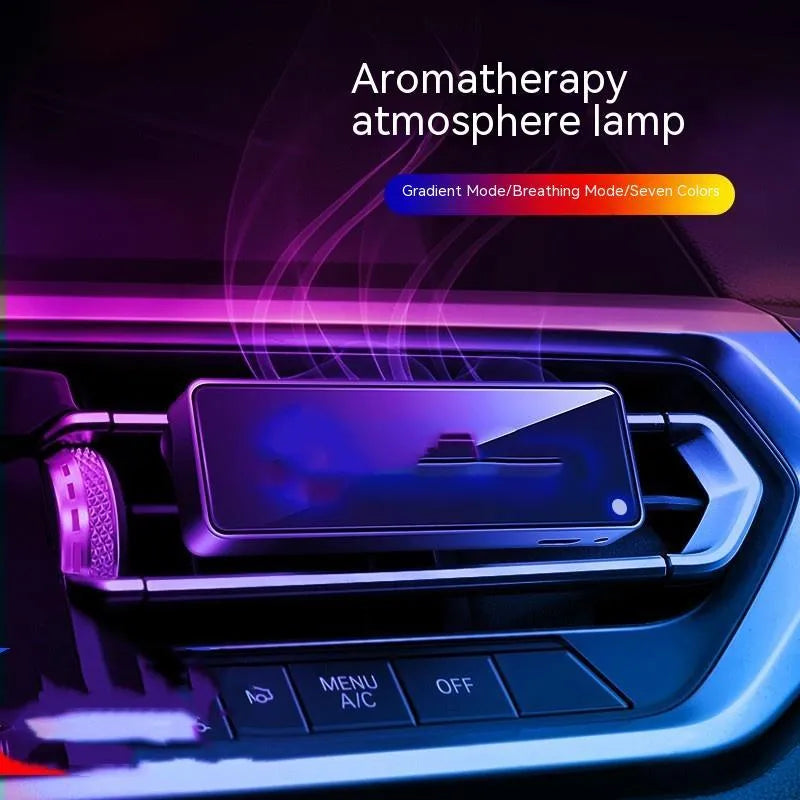 Black automobile air outlet aromatherapy light with LED illumination and fragrance stick compartment