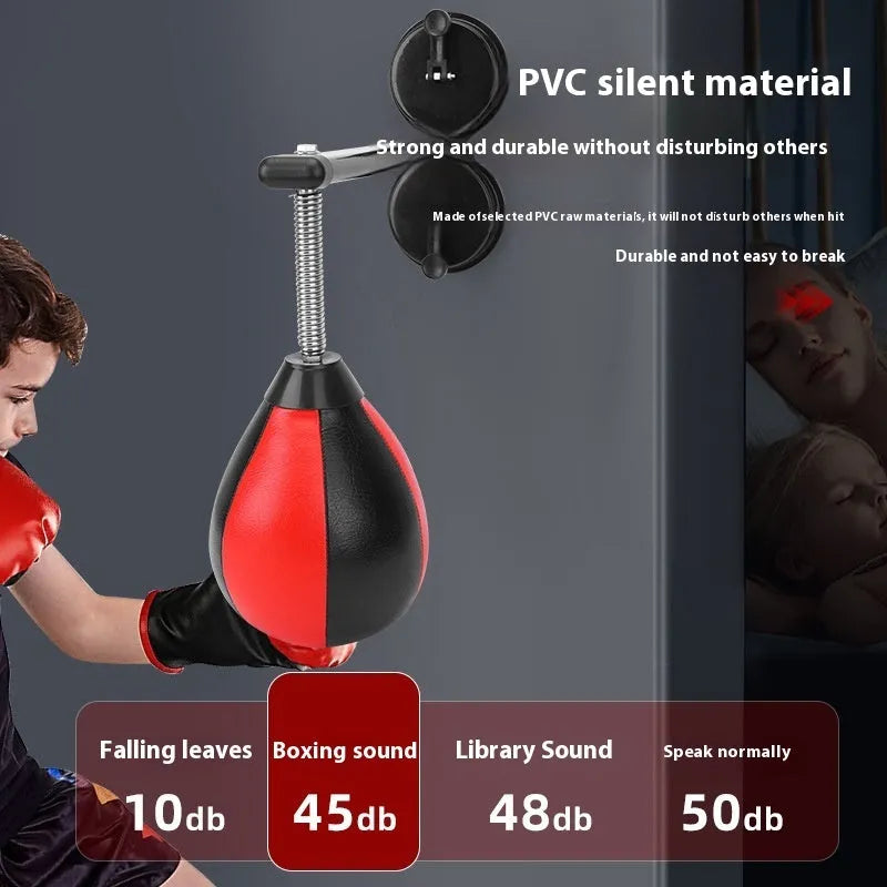 Inflatable hanging boxing reaction ball with pear-shaped tumbler vent and suction cup mounting system