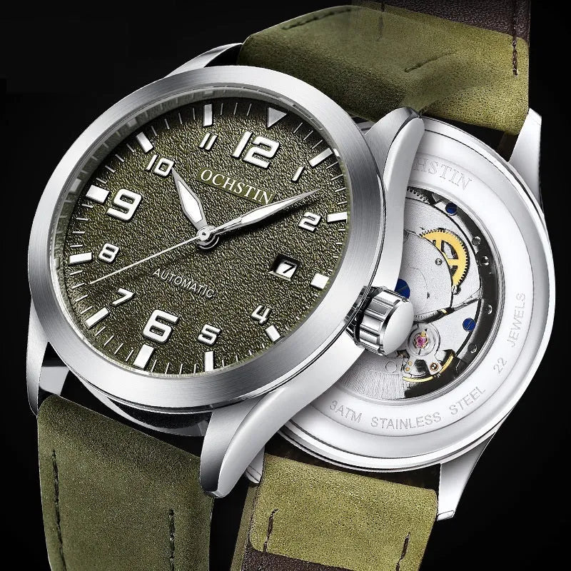 Men's retro automatic watch with leather strap and stainless steel case showing four dial colour variations