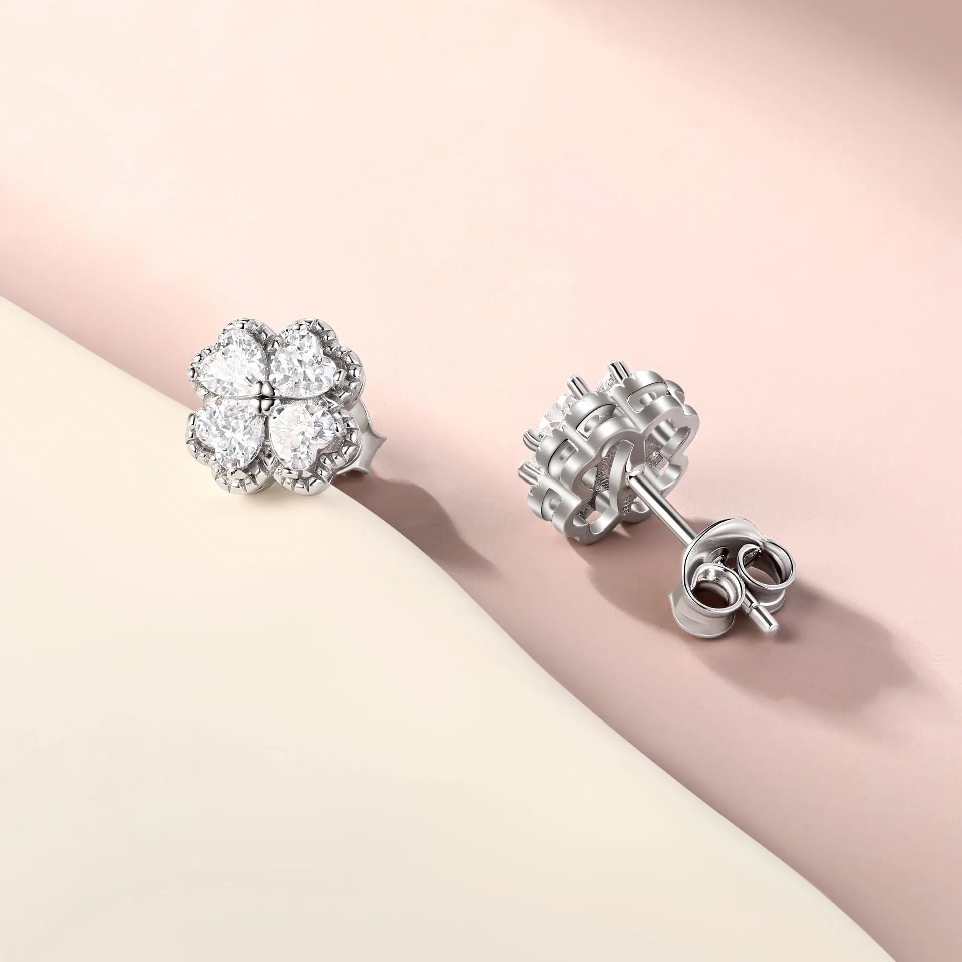 925 silver zircon earrings with heart and four-leaf clover design in white gold colour finish