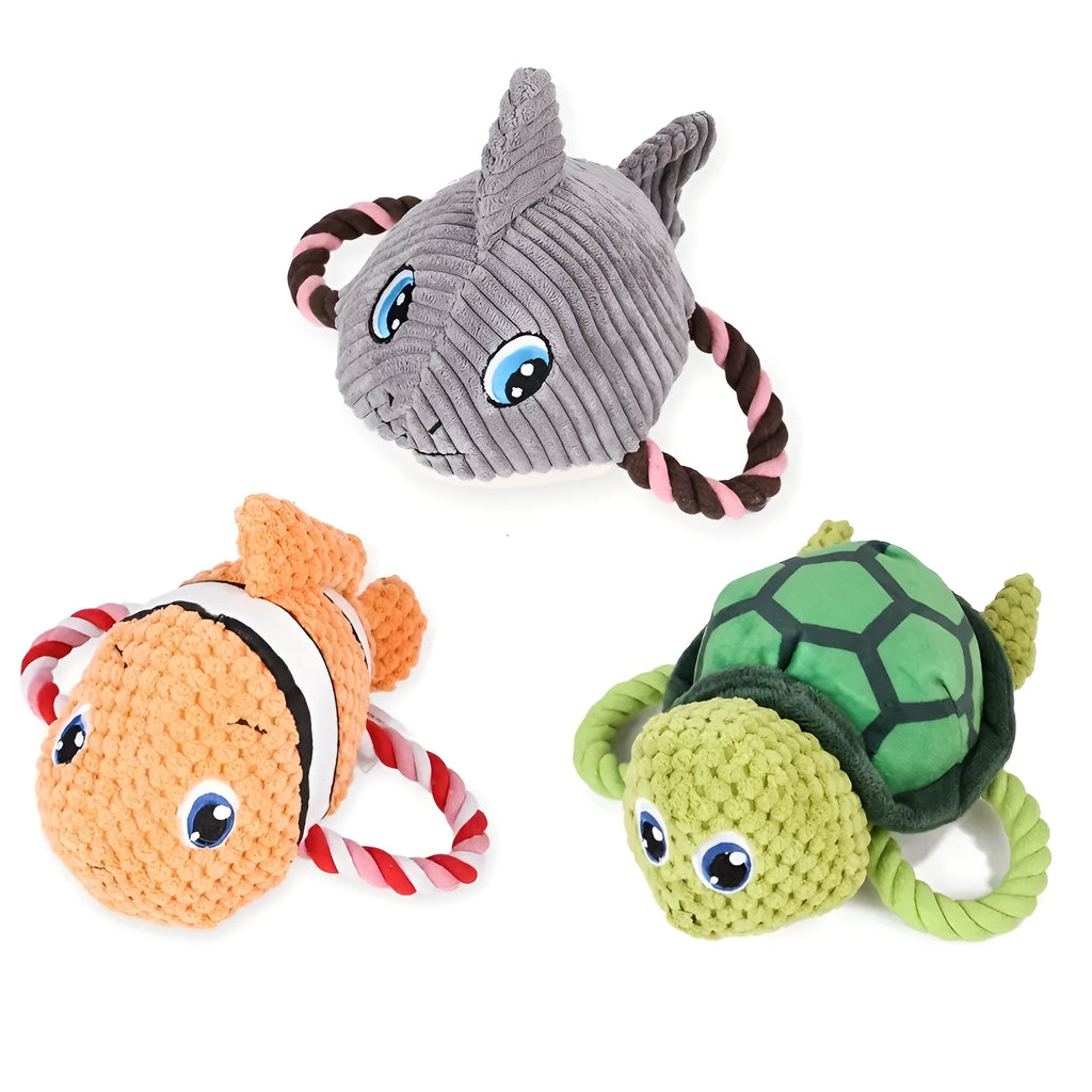 Turtle-shaped natural rubber dog chewing toy with knotted details in grey colour