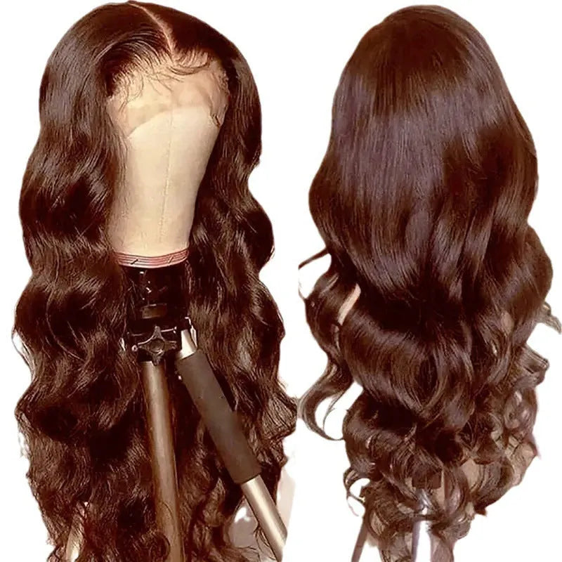 Dark brown long curly front lace wig with side bangs, made from high temperature fibre.