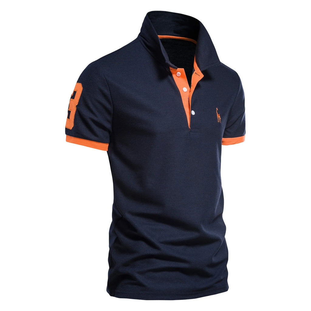 Men's slim fit embroidered short sleeve T-shirt on a hanger, showing front design.
