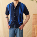 Cotton striped short-sleeve cardigan polo shirt with lapel collar in light blue colour