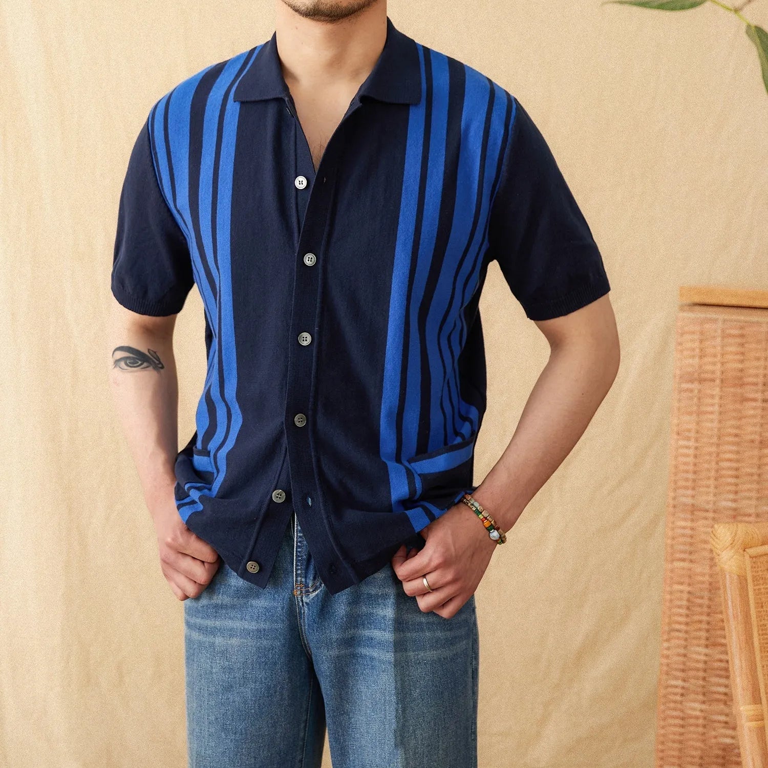 Cotton striped short-sleeve cardigan polo shirt with lapel collar in light blue colour