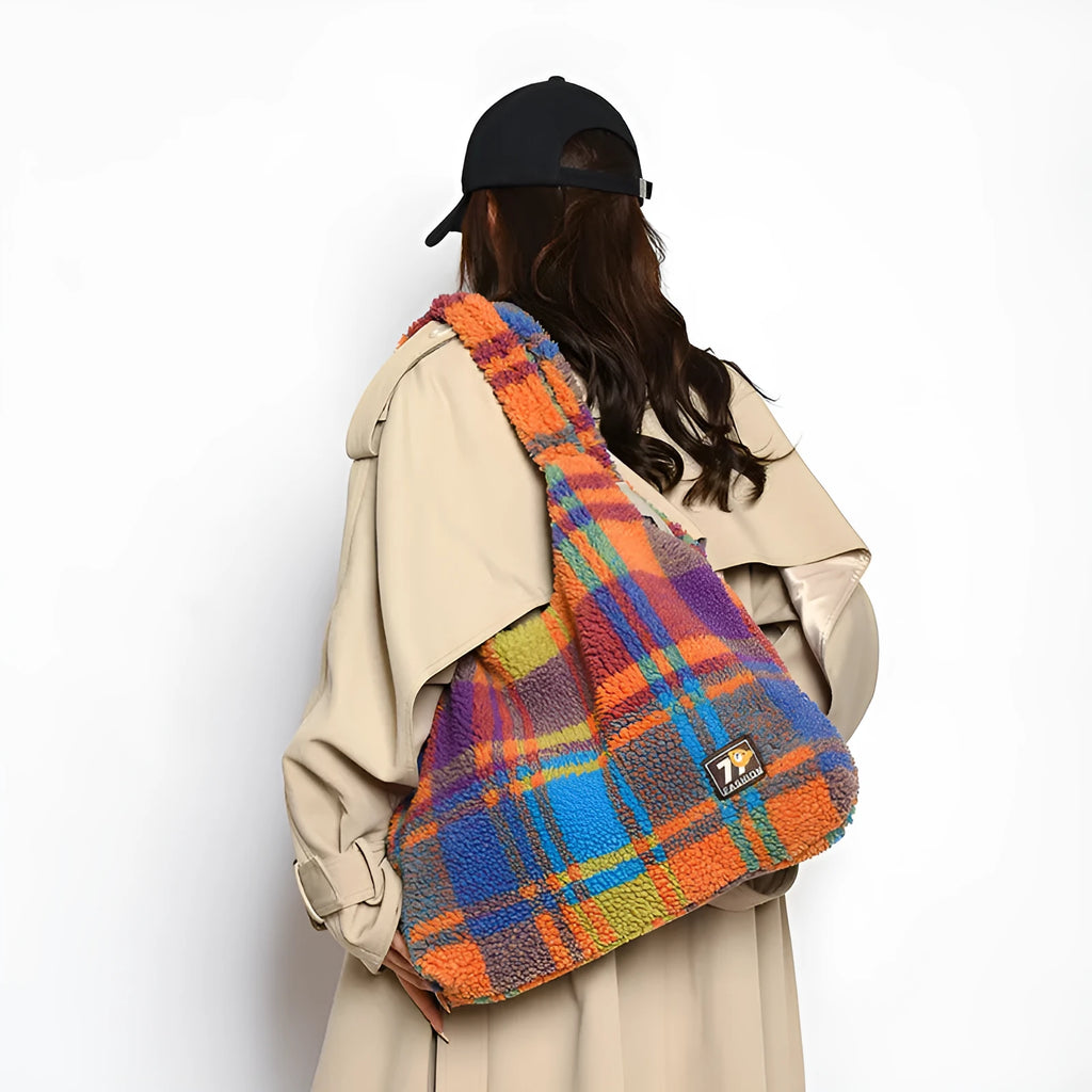 Army Green plush plaid women's crossbody tote bag showing large capacity and shoulder strap.